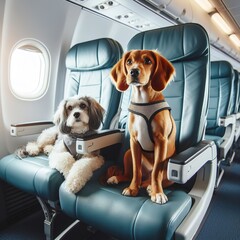 Adorable dogs traveling in an airplane cabin, with one comfortably seated in a passenger chair. Dogs on board