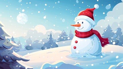 Snowman with red scarf on the snowfall background