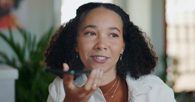 Woman, home and smartphone for voice message, networking speaking in speaker microphone on technology. Conversation, communication and loudspeaker talking, internet app and discussion or record audio