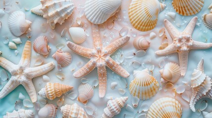 Abstract background of pastel colored starfish and seashells. Beautiful background 