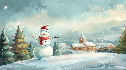 Snowman in the village on the snowfall watercolor background