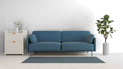 a blue couch sitting next to a plant on a rug