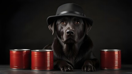 dark muzzle labrador dog in hat with canned glasses on black.generative.ai 