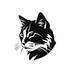 Logo design, Stencil art style, solid silhouette of a cat face, high contrast black and white, white background