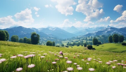 Fototapeta na wymiar A stunning spring day landscaping views of fertile land surrounded beautiful green vegetation, wide stretches of hills and mountains with clear skies in spring