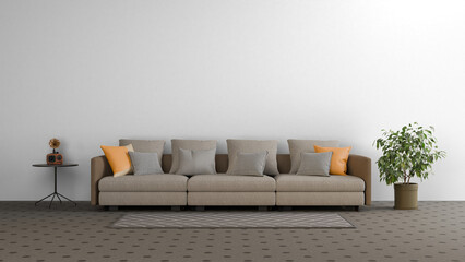 a couch with pillows and a plant in a room