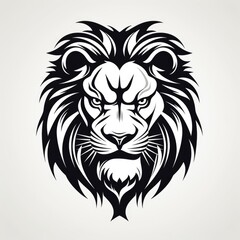 Logo design, Stencil art style, solid silhouette of a lion's face, high contrast black and white, white background