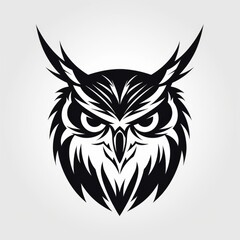 Obraz premium Logo design, Stencil art style, solid silhouette of a owl's face, high contrast black and white, white background