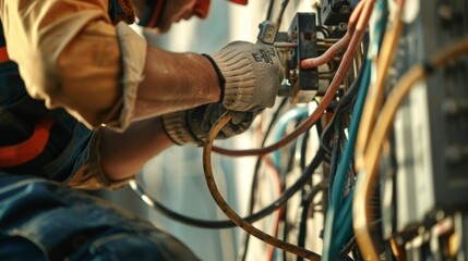 An electrician connecting the final cables and flipping the switch to officially power up the new electrical grid.