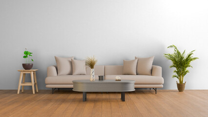 a living room with a couch  table and potted plant