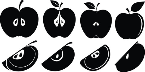 Set of apple and apple slice silhouettes. Apple silhouette vector illustrations.