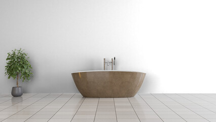 a bathtub sitting in a bathroom next to a potted plant