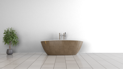 a bathtub sitting in a bathroom next to a potted plant