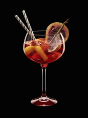 a cocktail in a glass with fruit on a black background

