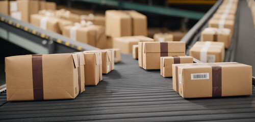 Shipping and logistics: brown packages on conveyor belts in warehouse, transport and delivery, mail sorting, ready for shipping