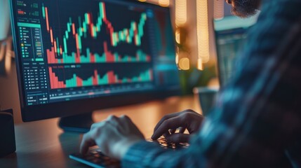 A businessman analyzes finance sales data and economic growth graph charts alongside blockchain technology, emphasizing analytics and financial and banking technology concepts.