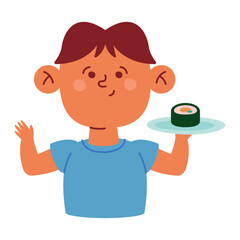 boy holds a plate sushi