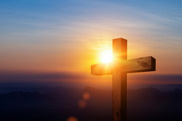 Crucifixion Of Jesus Christ - Cross At Sunset Sky Background. Good Friday concept.