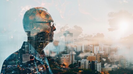 A multiple exposure shot featuring a mature doctor superimposed on a cityscape, enhanced by generative AI.