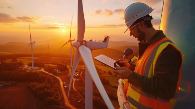 A man uses a tablet while working alongside a maintenance engineer in a wind turbine.