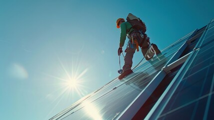 Naklejka premium A worker in a full-body harness is seen working at height, using a clamp meter to measure currents while installing a solar panel.