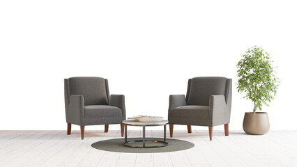 a living room with two chairs and a table