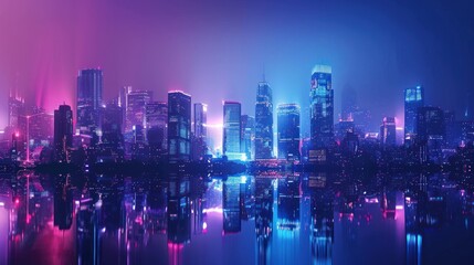 Obraz premium Panoramic urban architecture, cityscape with space and neon light effects. Modern hi-tech, science