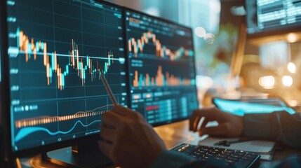 Businesspeople analyze financial data charts for trading forex, investing in stock exchanges, mutual funds, and digital assets. Embracing technology in business finance and investment concepts.