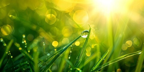 A green field with a drop of water on a leaf generated by AI - Powered by Adobe