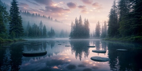 Quiet early morning in a mysterious forest with anomalous stones in the lake