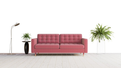 a pink couch sitting next to a plant on a wooden floor