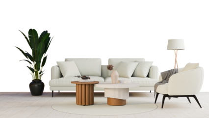 a living room with a white couch and a table