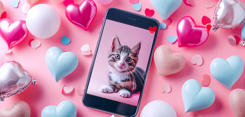 A mobile screen playing a viral cat video, surrounded by 3D hearts and thumbs up icons.