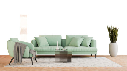 a green couch and a table in a room
