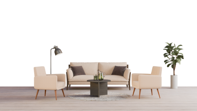 a living room with a couch  chair  table and lamp