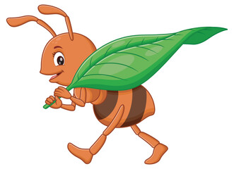 Cute Ant Carrying a Green Leaves. Animal Nature Icon Concept Isolated Premium Vector. Vector Illustration