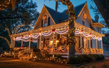 Crystalclear photo of a beautifully decorated house with American flags, bunting, and patriotic lights, celebrating the United States National Day