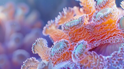 Fototapeta premium A close up of a purple sea anemone with pink and white tentacles generated by AI
