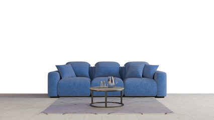 a blue couch and a table in a room