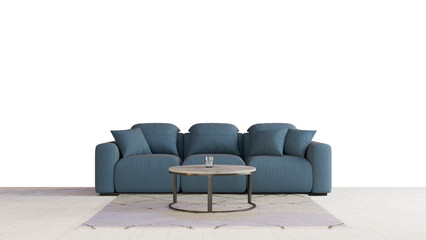 a blue couch and a table in a room