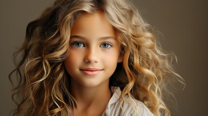 portrait of beautiful young Caucasian blonde curly hair little girl on brown background.
