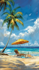 Tranquil Beach Scene with Golden Sands, Palm Trees, and Inviting Beach Chairs Under a Sunlit Sky