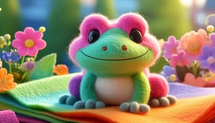 Plush toy. Illustration of a stuffed frog playing in the nature.