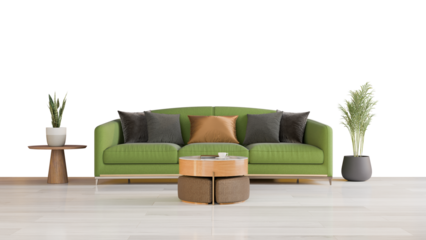 a green couch sitting on top of a wooden floor