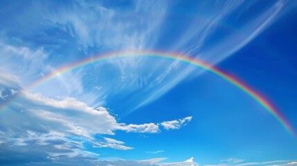 A vivid rainbow arcs over the lenticular clouds creating a breathtaking contrast against the deep blue sky.