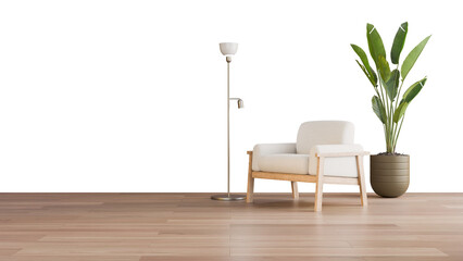 a white chair sitting next to a tall plant