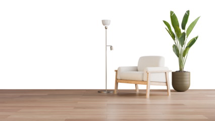 a white chair sitting next to a tall plant
