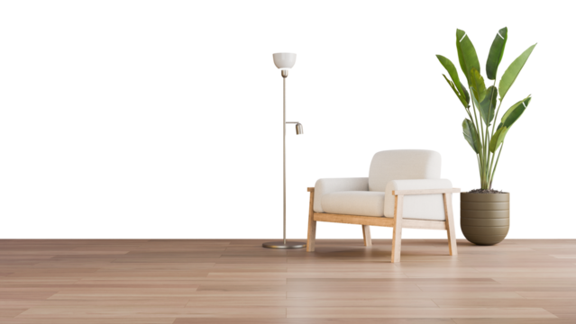 a white chair sitting next to a tall plant