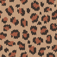 Knitted animal skin seamless pattern. Fabric imitation vector background. Flat style knit wallpaper with leopard print. Cute design for gift wrap, paper, textile