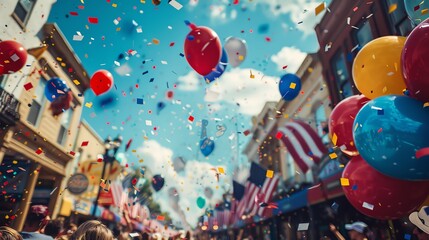 Highresolution image of a patriotic 4th of July parade with American flags, floats, and people celebrating, perfect for national day promotions